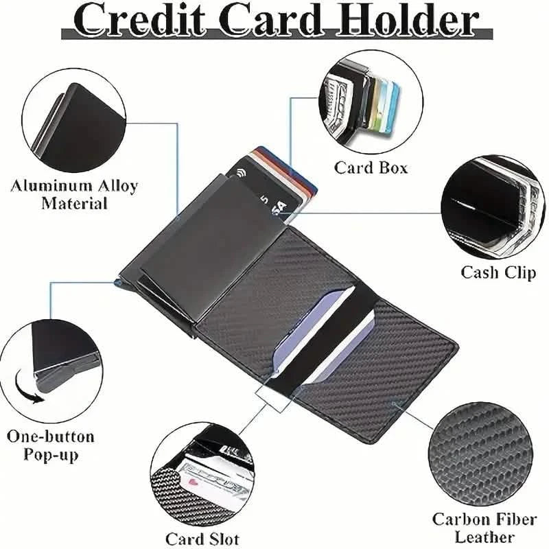 Carbon Fiber Credit Card Holder RFID Blocking, Slim Pop Up Minimalist Wallet