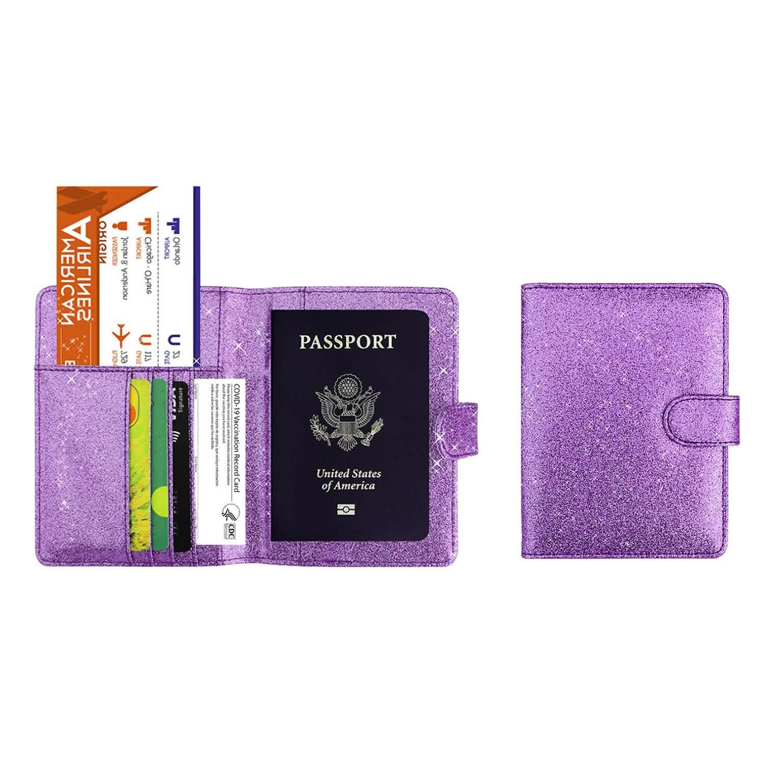 Multi Function Glitter Bling RFID Passport Organizer With CDC Vaccination Card Holder