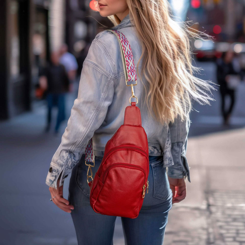 Real Leather Printed Strap Shoulder Sling Bag