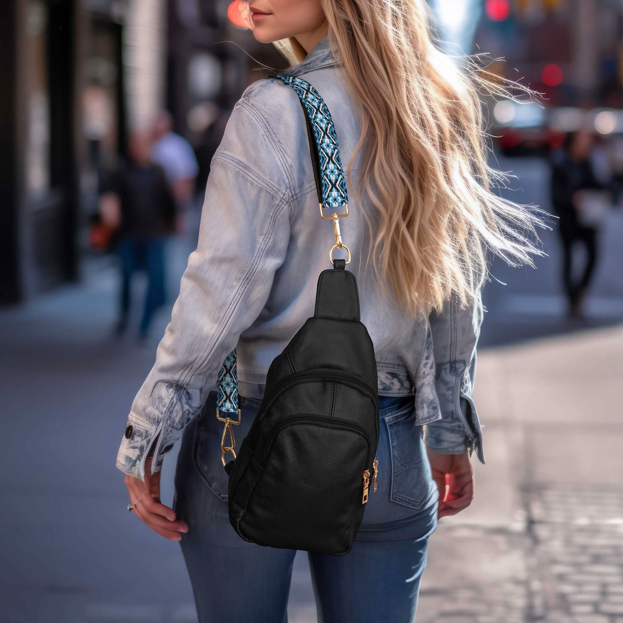 Real Leather Printed Strap Shoulder Sling Bag