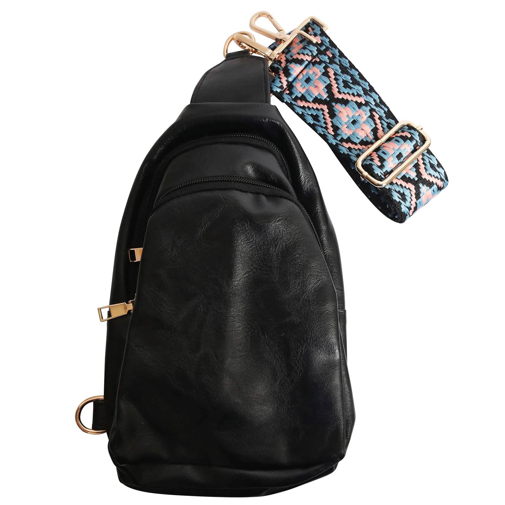 Shoulder Crossbody Sling Faux Leather Bag with Printed Strap