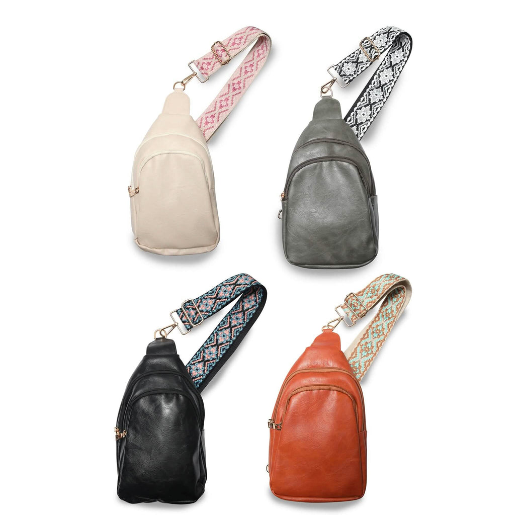 Shoulder Crossbody Sling Faux Leather Bag with Printed Strap