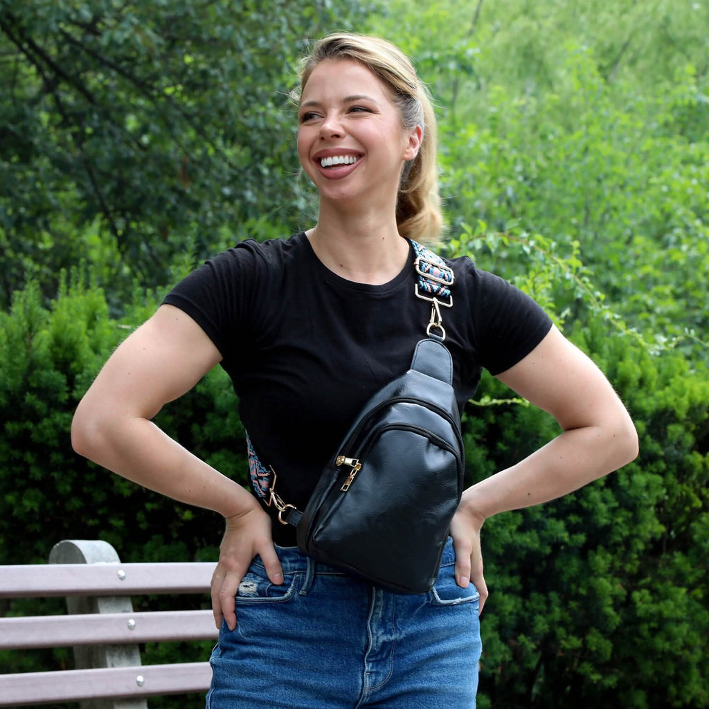 Shoulder Crossbody Sling Faux Leather Bag with Printed Strap